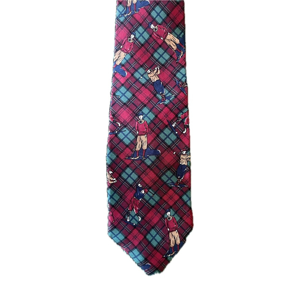 Vintage Rooster West End Collection Silk Tie Red Green Plaid Golfer Made in USA